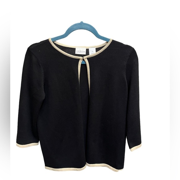 Y2K LIZ CLAIBORNE small black open front sweater with taupe trim petite EUC - Picture 4 of 12